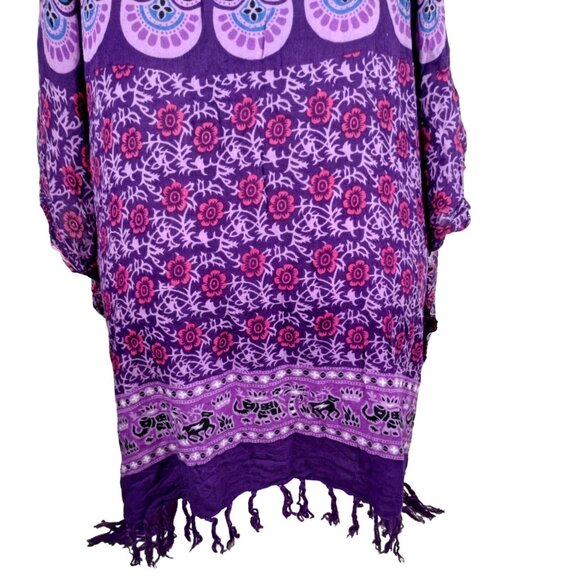 Womens 3XL Bohemian Paisley Print Cold Shoulder Fringed Poncho Tunic Top - Picture 3 of 6